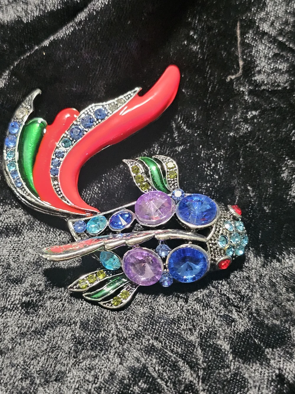 Colorful Gemstone Fish Brooch with Red Enamel Fins
